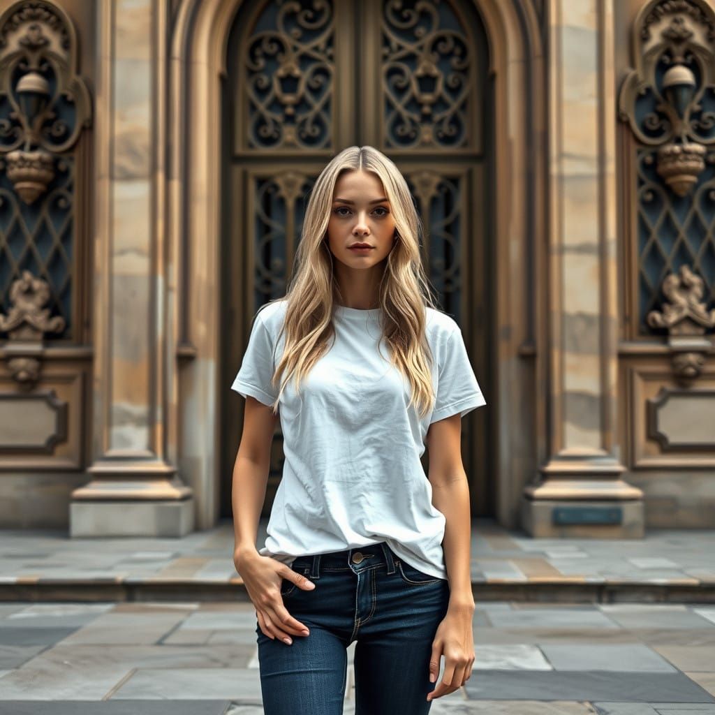 Confident Blonde Woman in Front of Grand Mansion Doors
