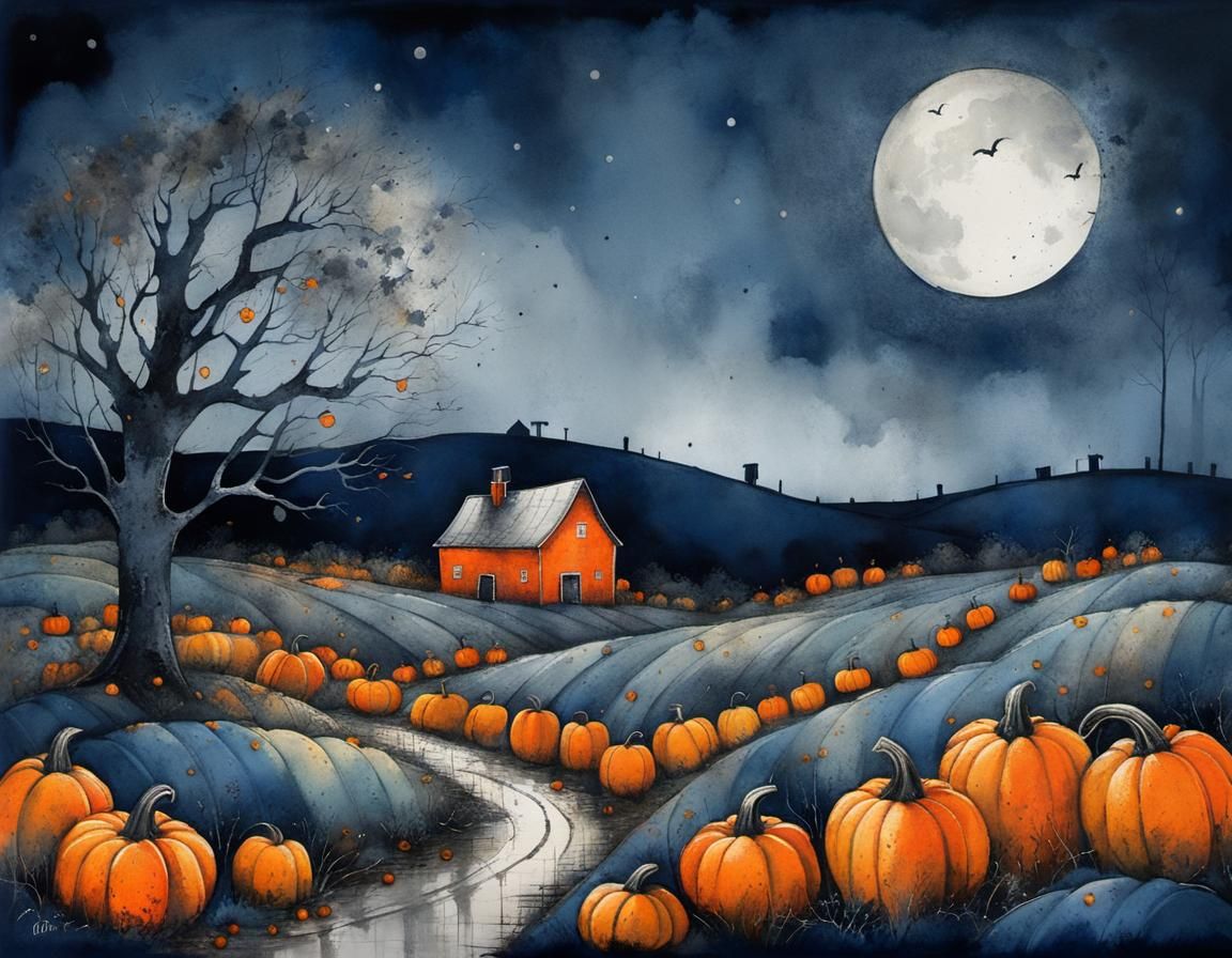 Moonlit Pumpkin Patch: Gritty Watercolor Fantasy