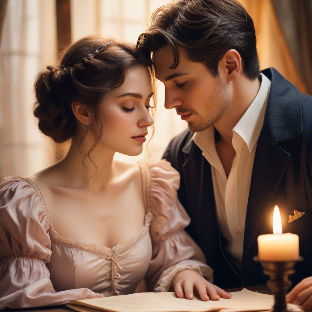 Ethereal Couple in Cozy Study Amidst Scattered Papers and Qu...