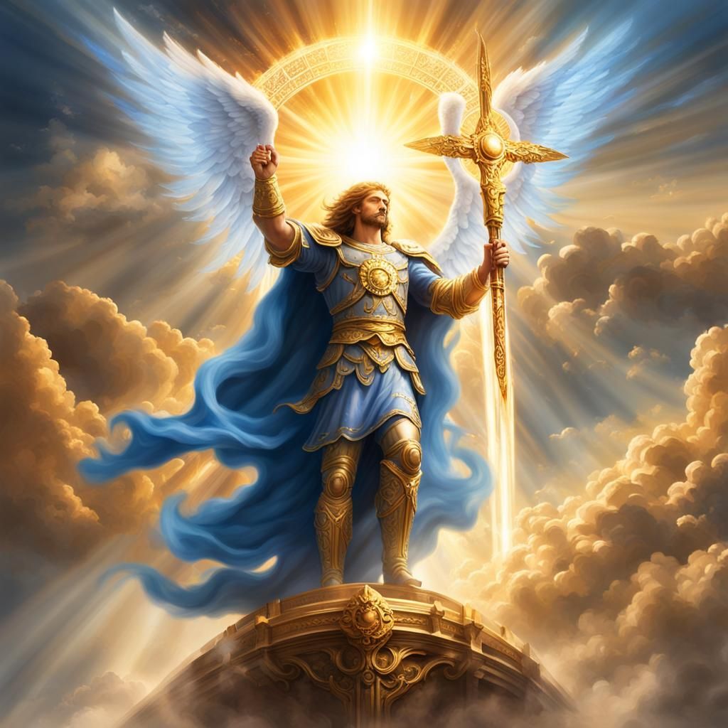 Archangel Michael with Flaming Sword Over Earth