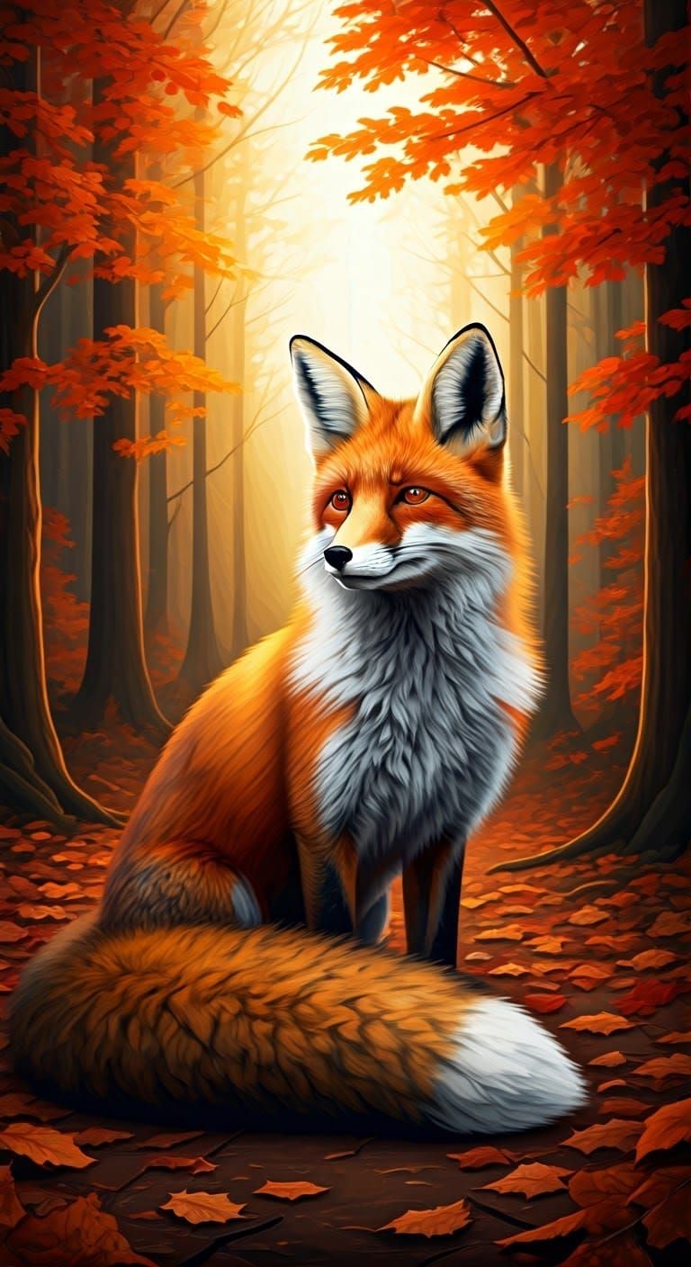 Red Fox in Surreal Autumn Forest, Oil on Canvas