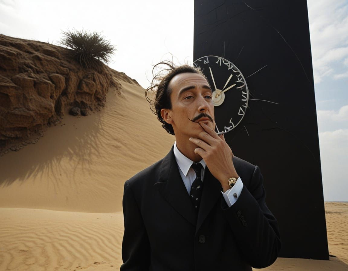 Surreal Dune Scene with Melting Time Clock