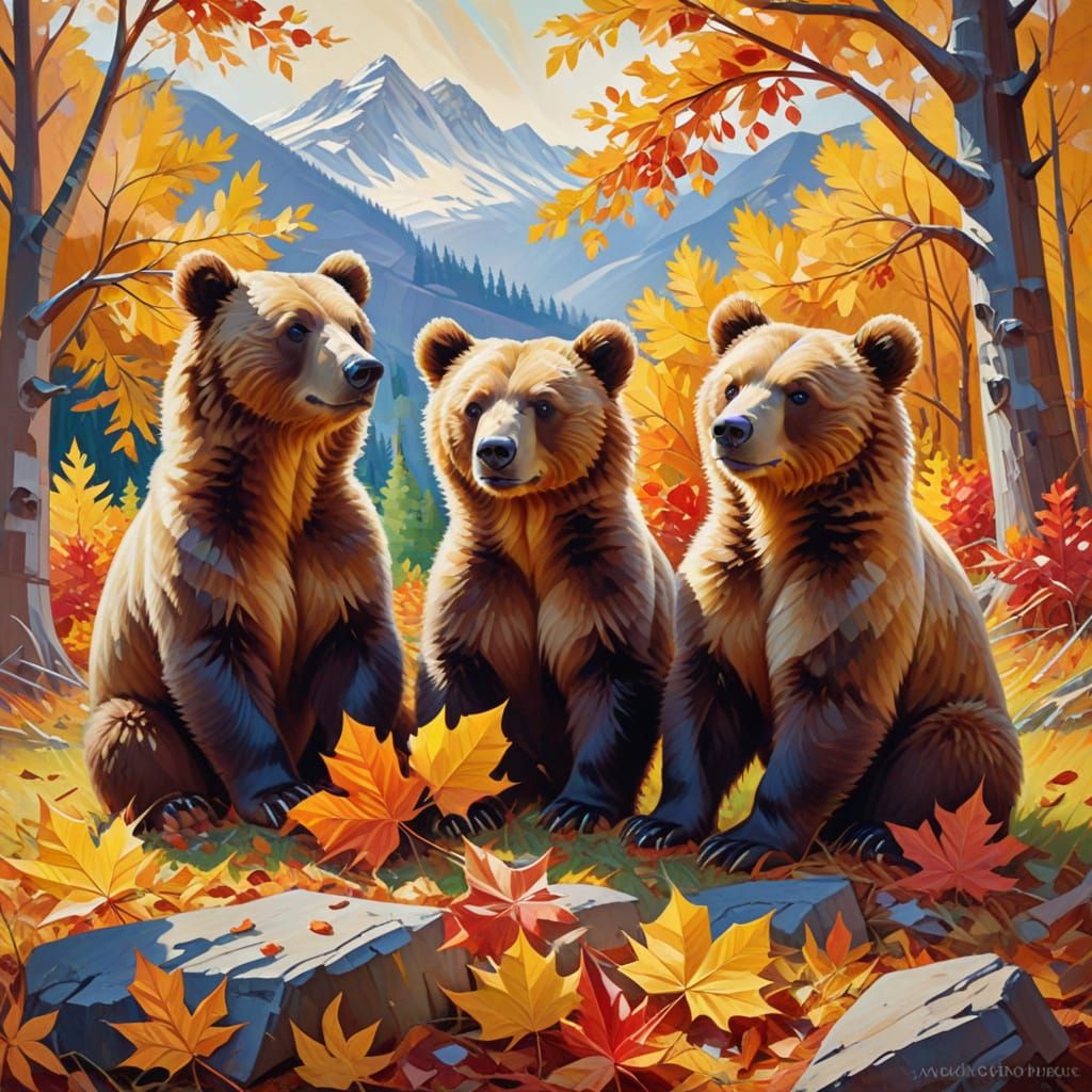 Cubist Brown Bear Cubs Playing in Autumn Leaves