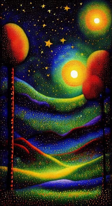 Owl Soaring in Starry Sky: A Pointillism Painting