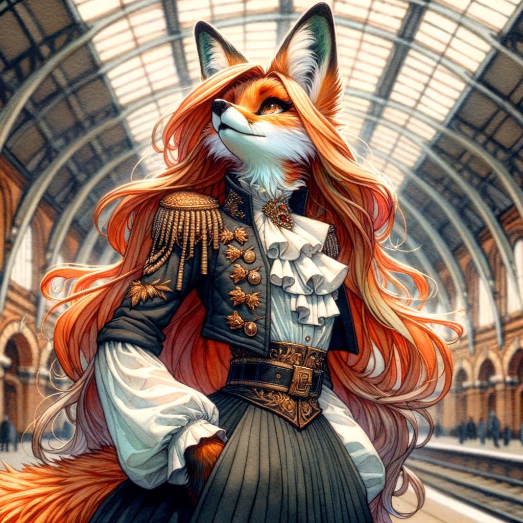 Fox Woman in Railway Station: Watercolor Digital Art