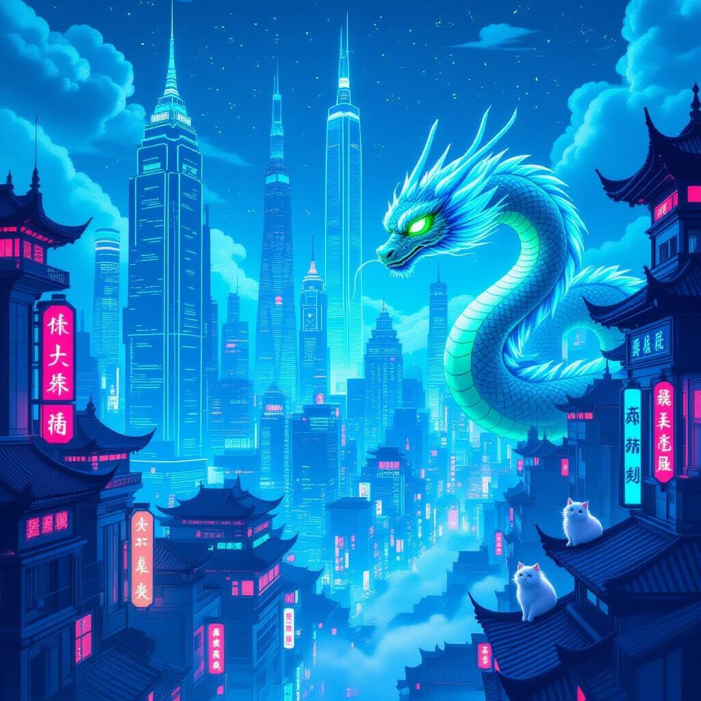 Futuristic Blue City with Dragons and Cats in Digital Art St...