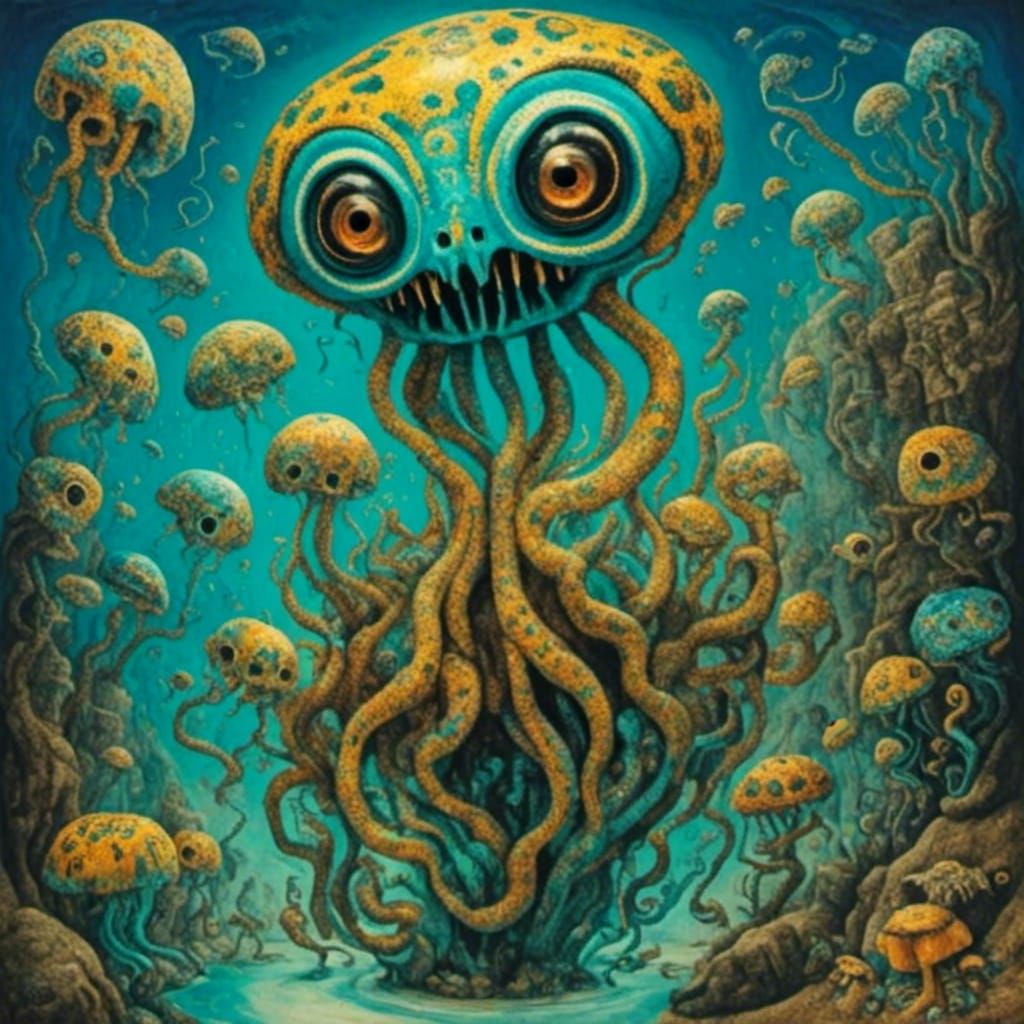 Dubuffet-Inspired Figure with Jellyfish Bloom Elements