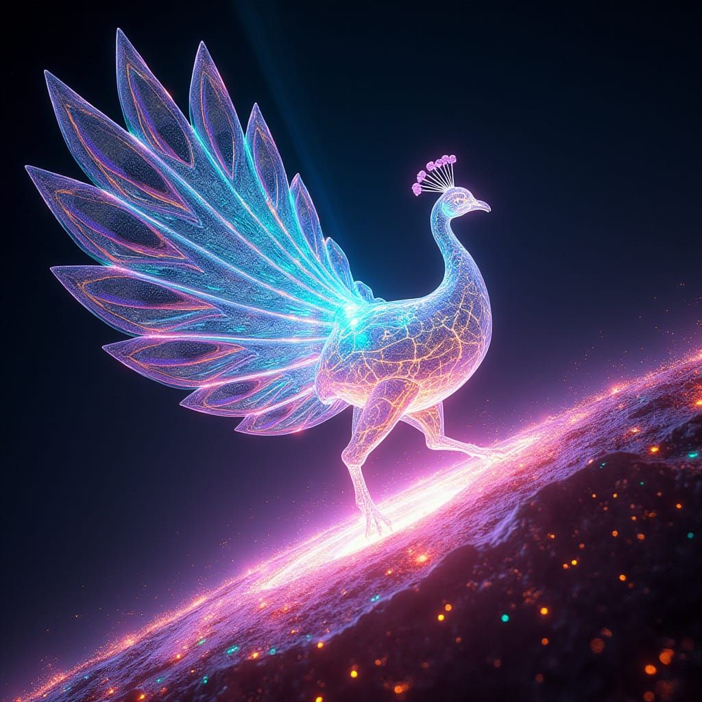 Glass Peacock with Laser Feathers in Cosmic Space