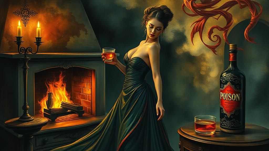 Mystical Woman Offers Poison in Surrealist Landscape