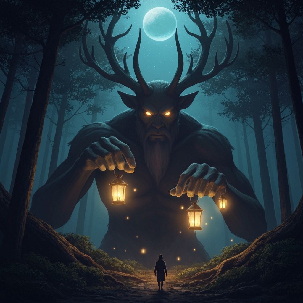 Antlered Giant Lights Lanterns in Enchanted Forest