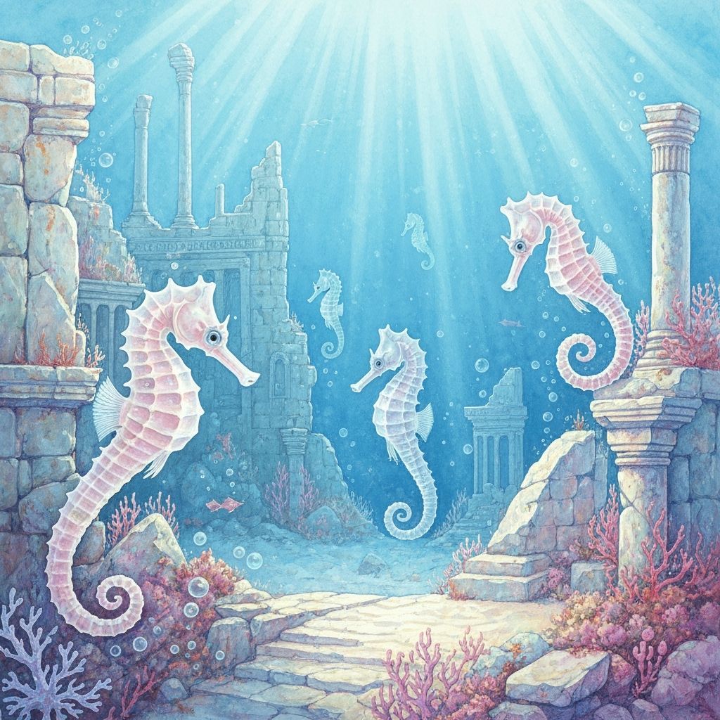 Underwater Realm of Translucent Seahorses in Watercolour Sty...