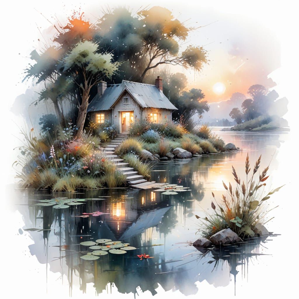 Ethereal Sunrise Scene in Whimsical Watercolour Style