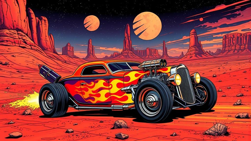 Flame-Painted Hotrod Races Across Martian Desert in Comic Bo...