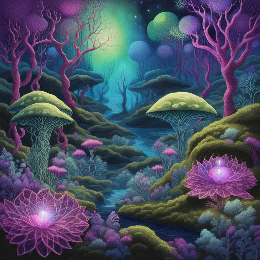 Astral Alien Flora Landscape with Metallic Trees