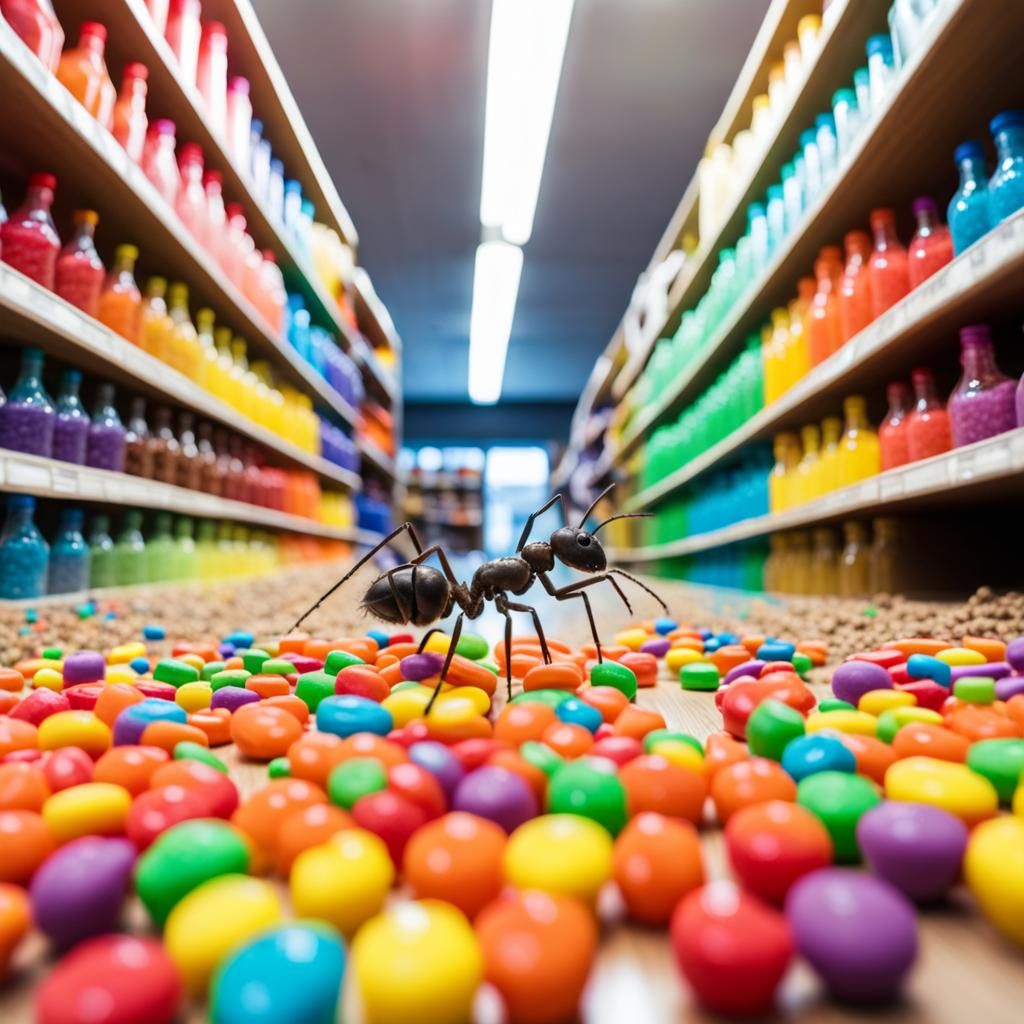 Ant on Rainbow Candy in a Colorful Candystore
