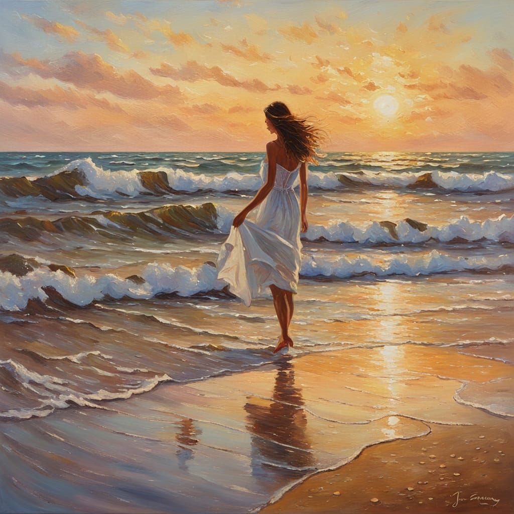 Romantic Beach Scene in Impressionist Oil Painting