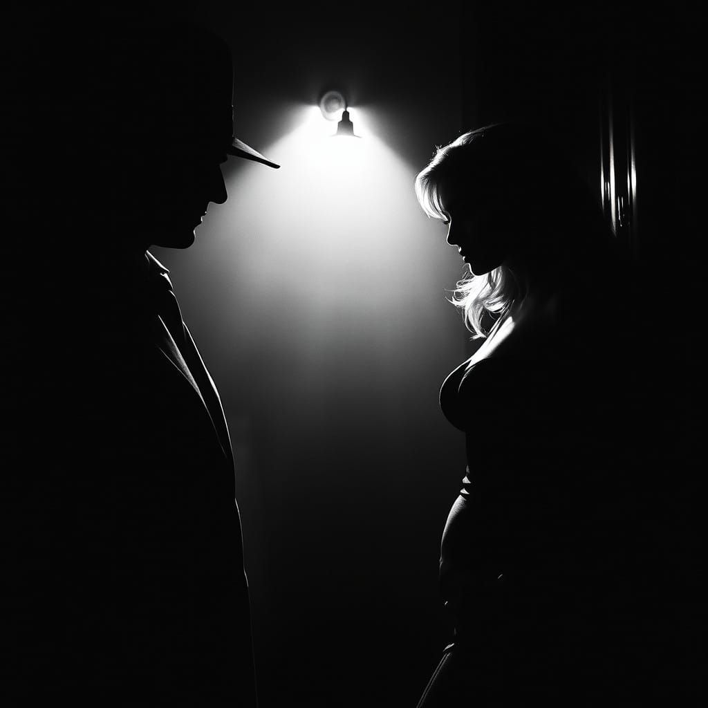 Detective Meets Seductive Femme Fatale in Film Noir Black an...