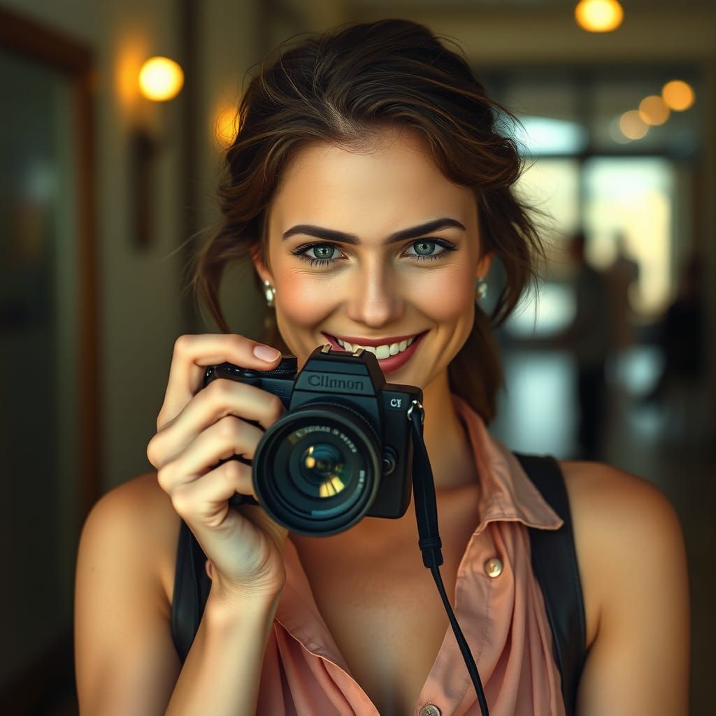 Beautiful Woman with Camera in Acrylic Oil Painting Style