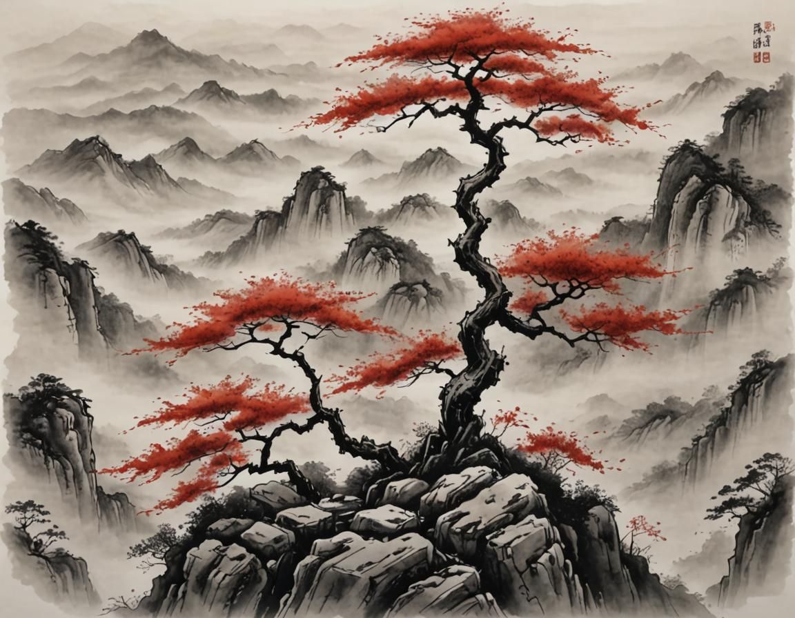 Ethereal Chinese Landscape in Red Ink