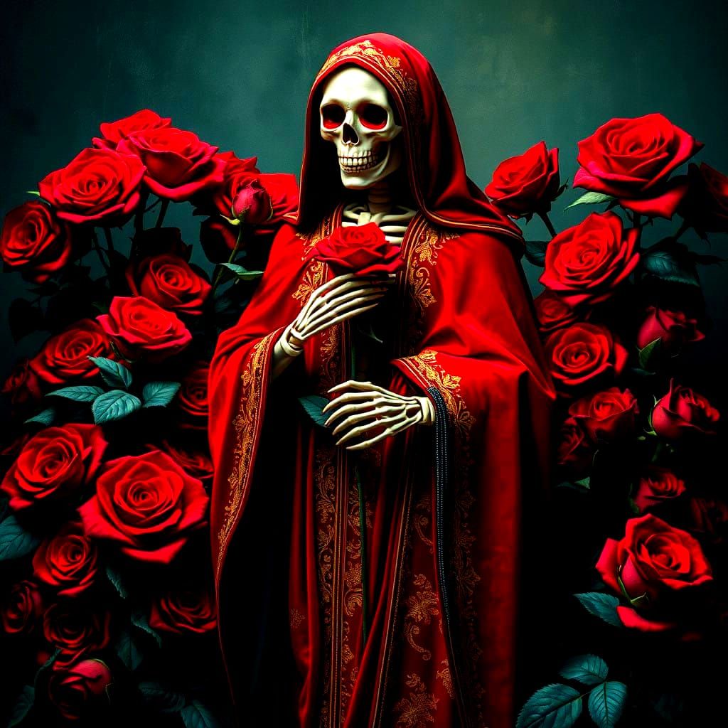 Majestic Santa Muerte Amidst a Vibrant Rose Garden in a Bold...