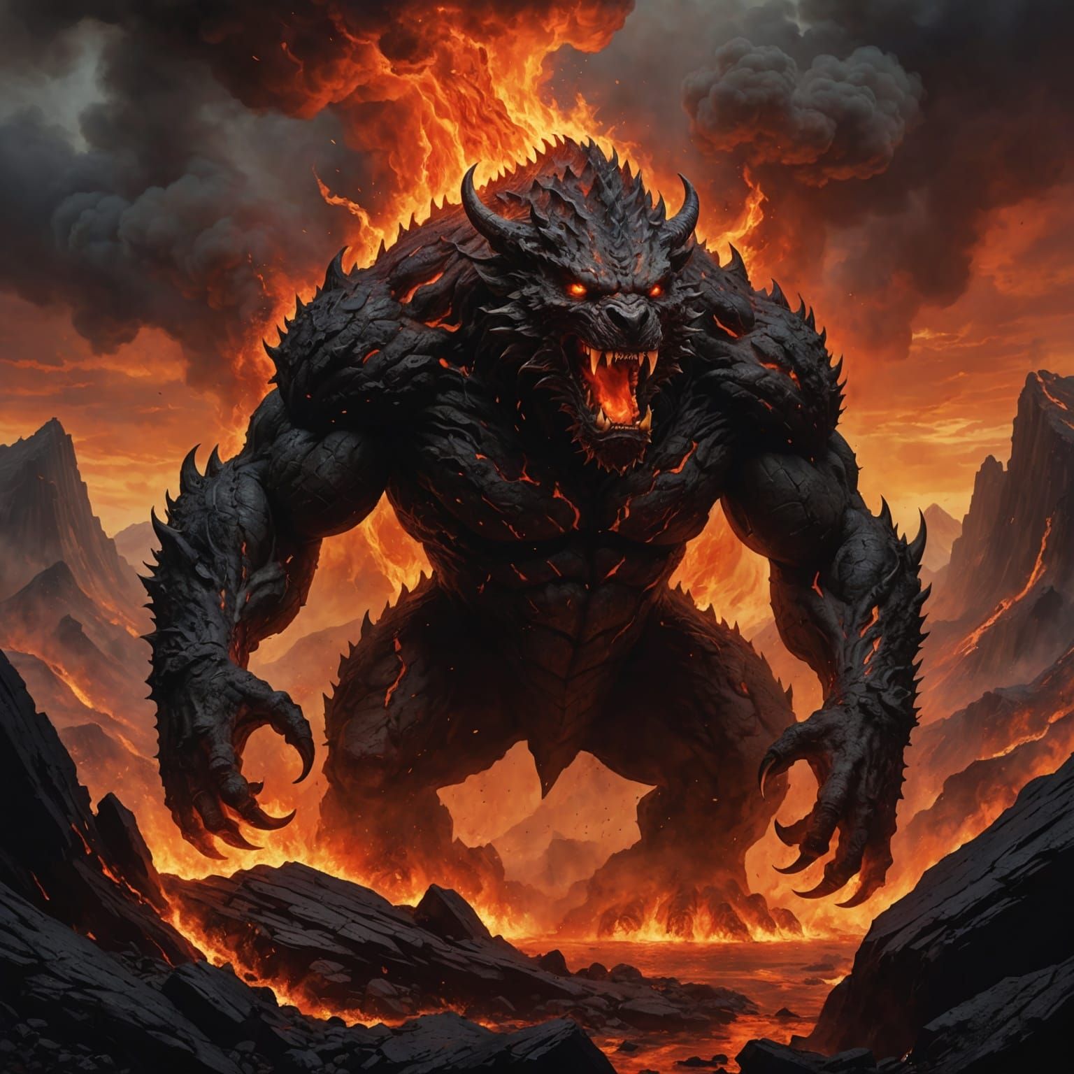 Fiery Beast Emerges from Lava Pit: Hyperrealistic Portrait