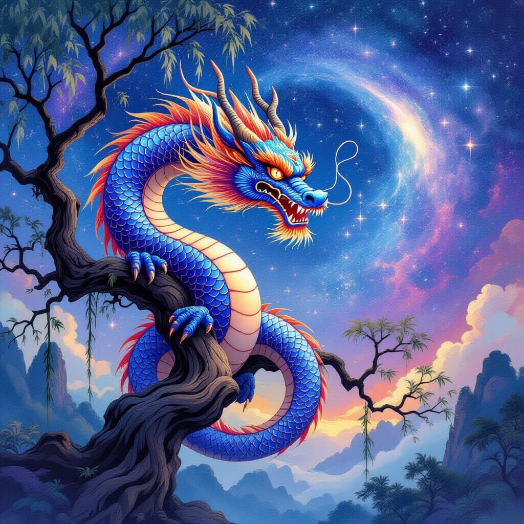 Chinese Dragon Under Milky Way, Watercolor Style