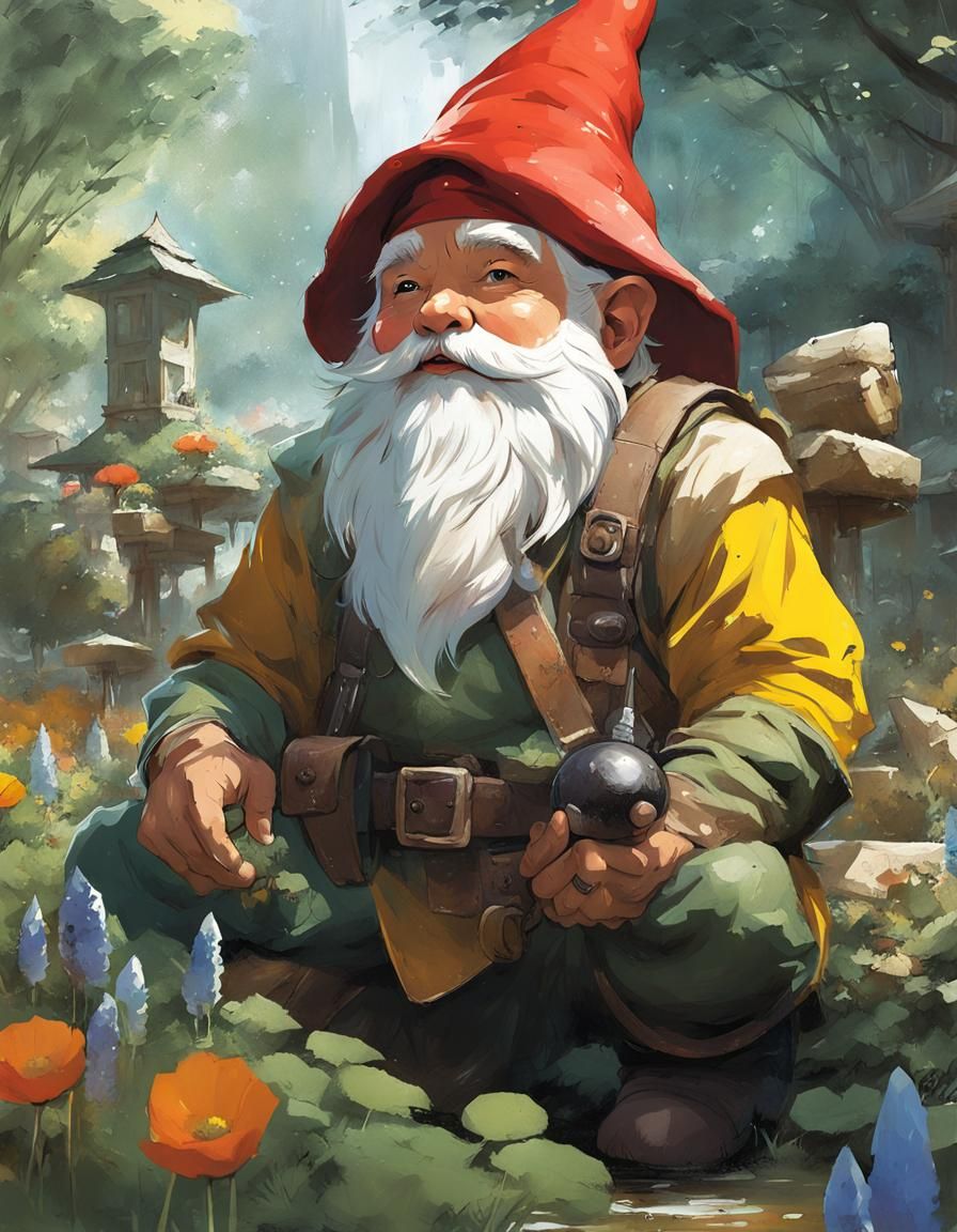 Garden Gnome in Manga Style Fantasy Garden