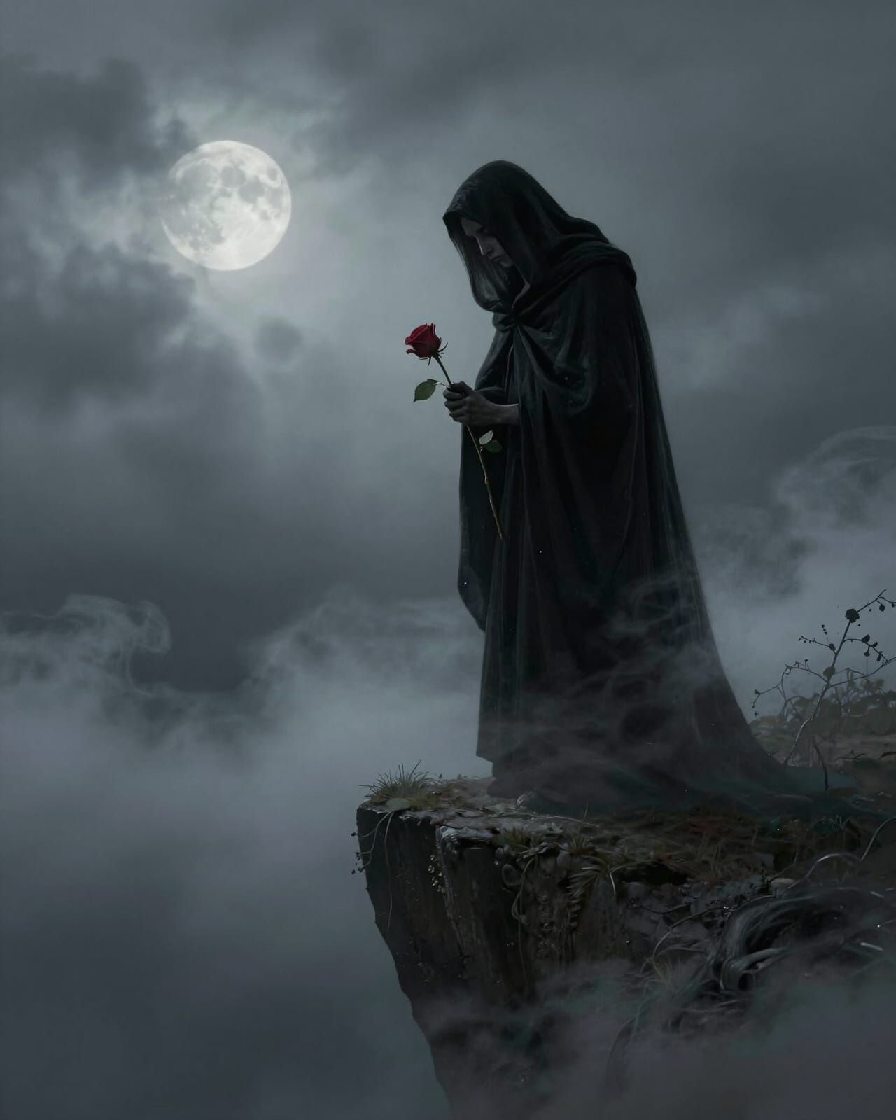 Figure of Regret at Precipice in Moonlit Mist