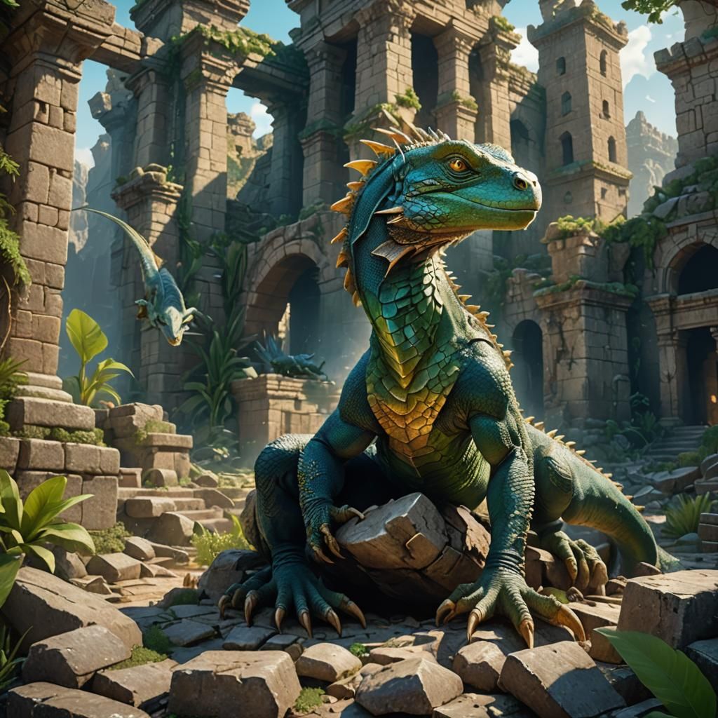 Lizard King on Dragon Throne in Fantasy Ruins