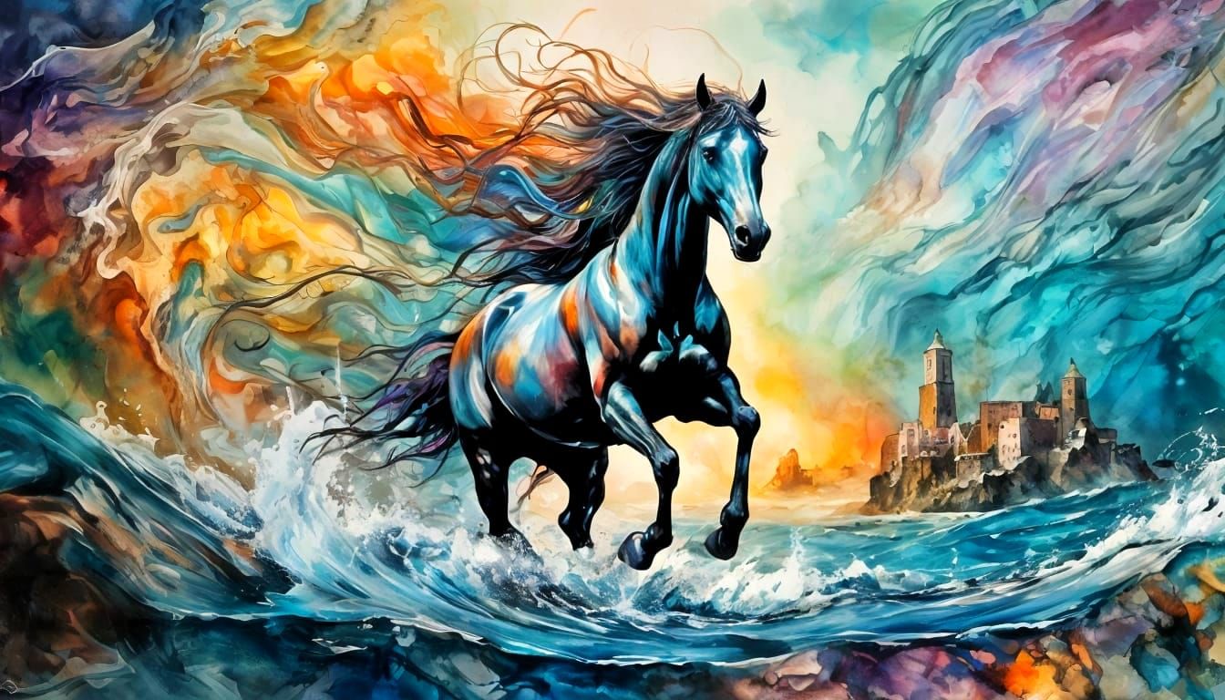 Bioluminescent Waves Form Horses Under Moonlight