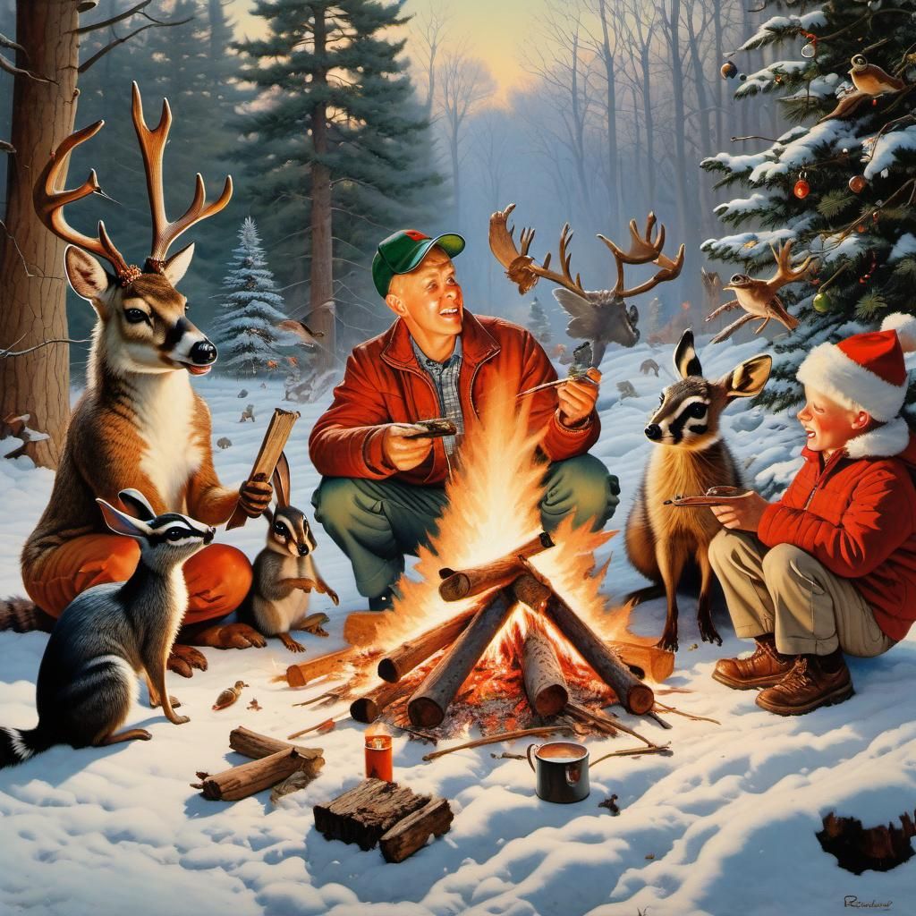 Festive Forest Animals Celebrate Christmas, Hyperrealistic I...