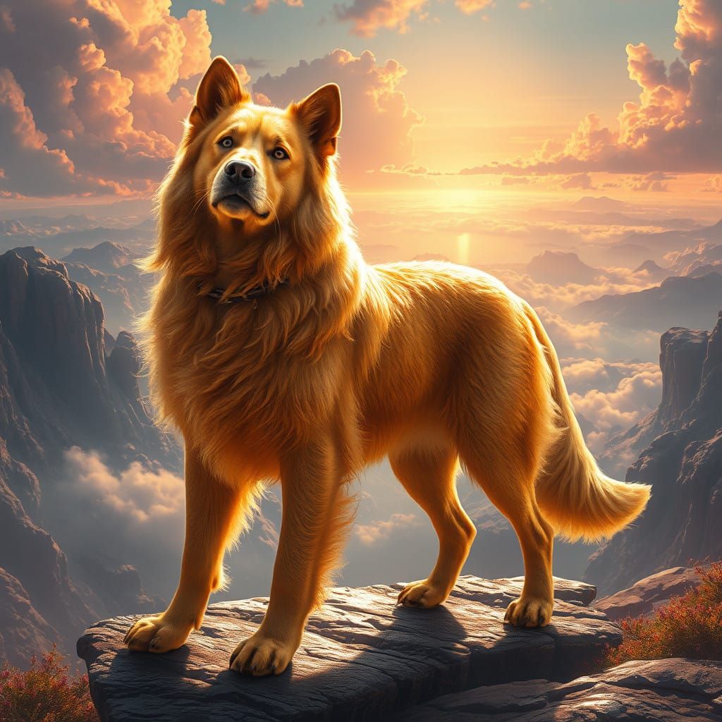 Surreal Golden Landscape with Majestic Canine