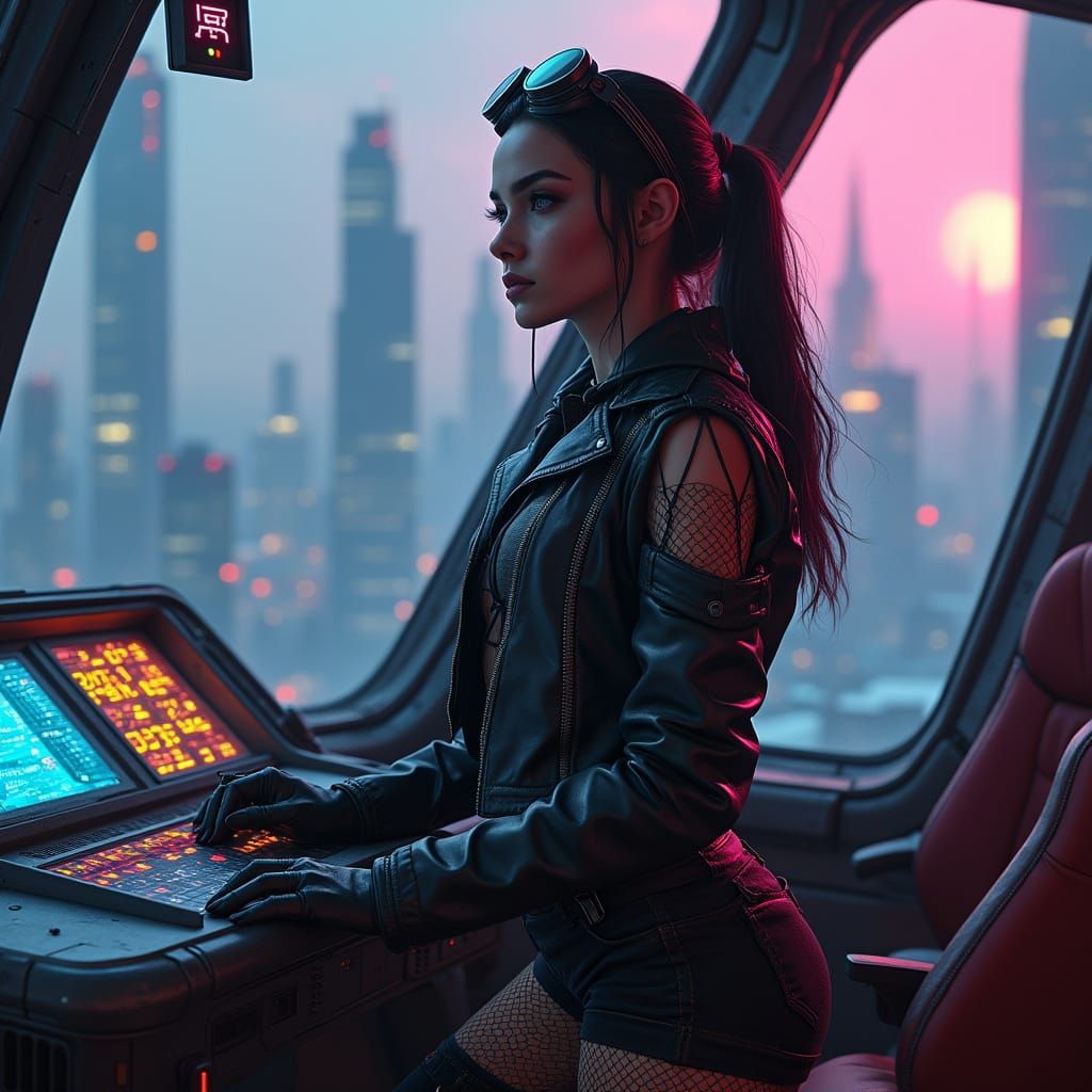 Cyberpunk Pirate Goddess at the Helm of a Futuristic Space P...