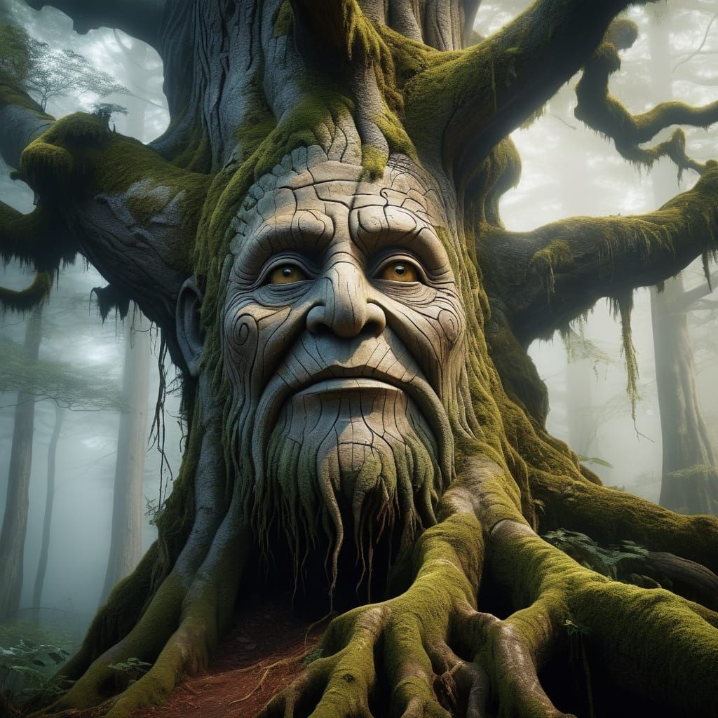 Ancient Ent Tree in Whimsical Forest Landscape