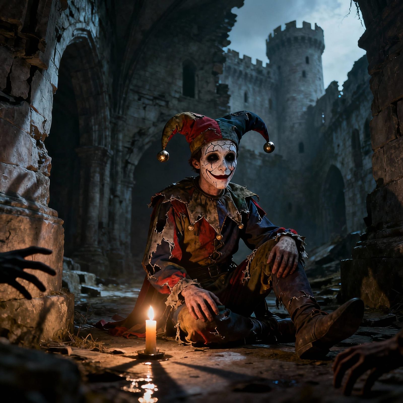 Sad Jester in Ruined Castle