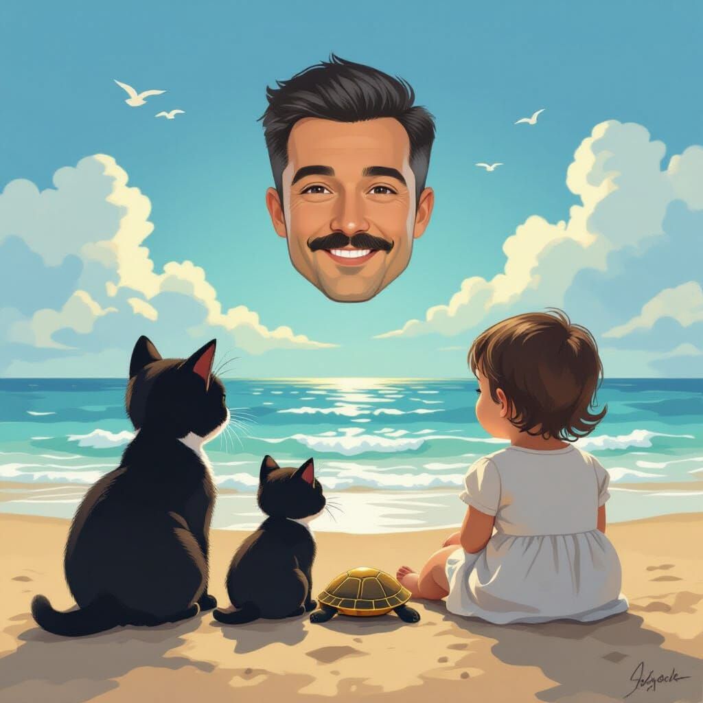 Nostalgic Beach Scene with Child, Cat, and Turtle