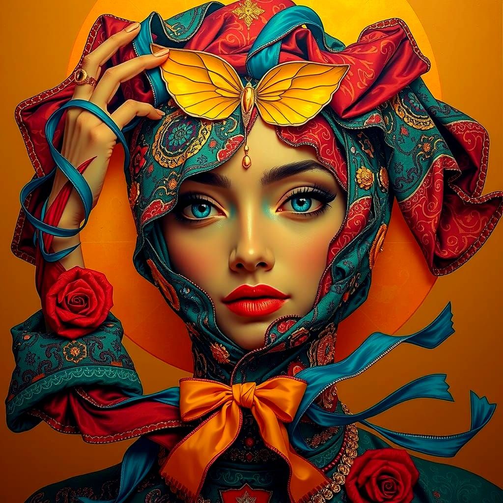 Divine Femininity Ascends in Regal Teal, Red, and Gold