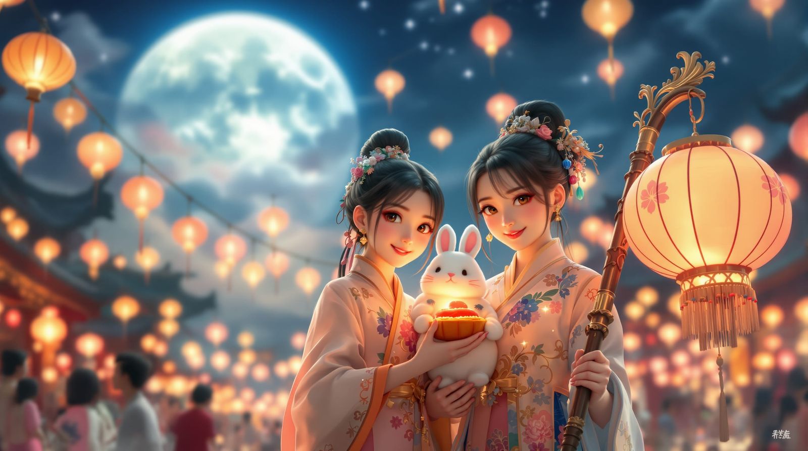 Girls Celebrate Mid-Autumn Festival with Moon Rabbit and Lan...