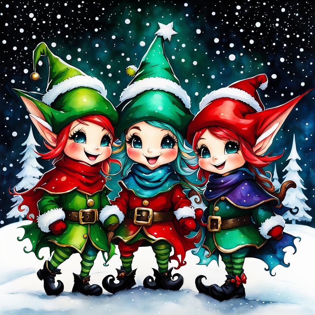 Whimsical Christmas Elves in Alcohol Ink Style