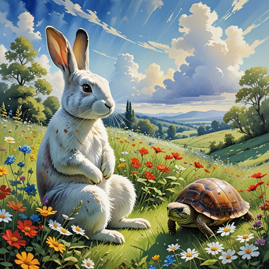 Serene Rabbit and Turtle Meditate in Whimsical Landscape