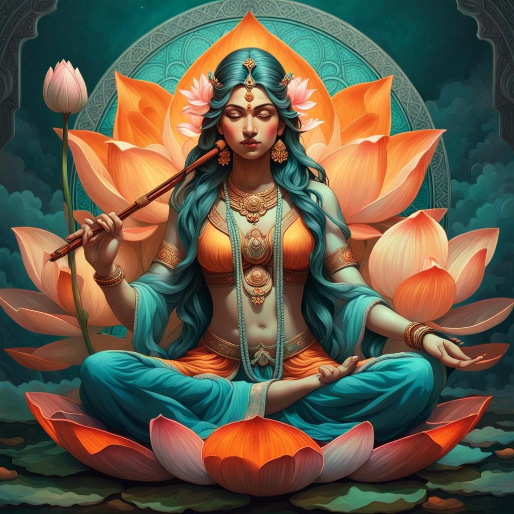 Saraswati on Lotus Flower in Mystical Environment