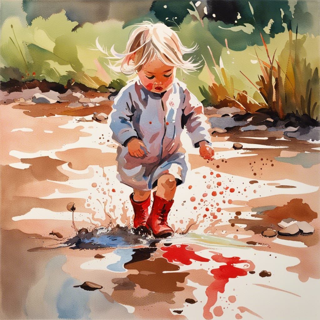 Toddler and Piglet in Mud, Gouache Impressionist Style