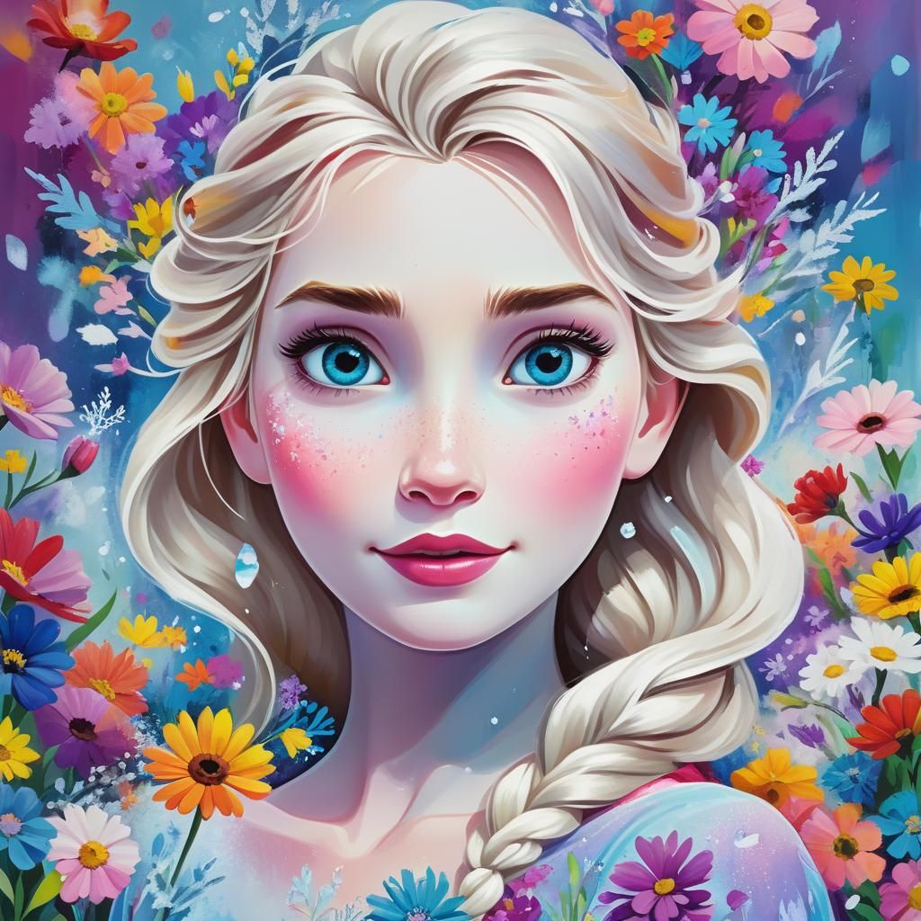 A vibrant painting of a Elsa (Frozen) surrounded by colorful...