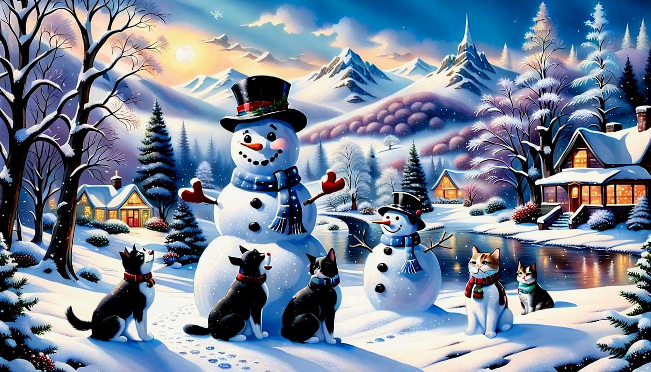 Winter Wonderland Scene with Snowman and Friends