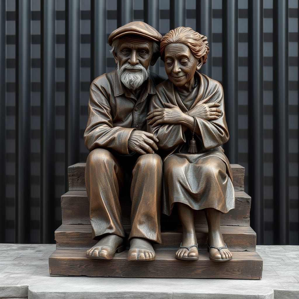 Wooden Sculpture: Elderly Couple's Enduring Love