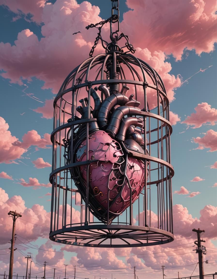 Fantastical Heart Cage in Dreamlike Sky
