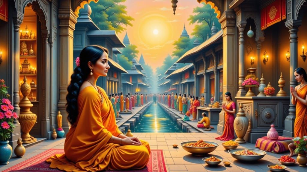 Woman Admiring Indian Puja in Artistic Fusion Style