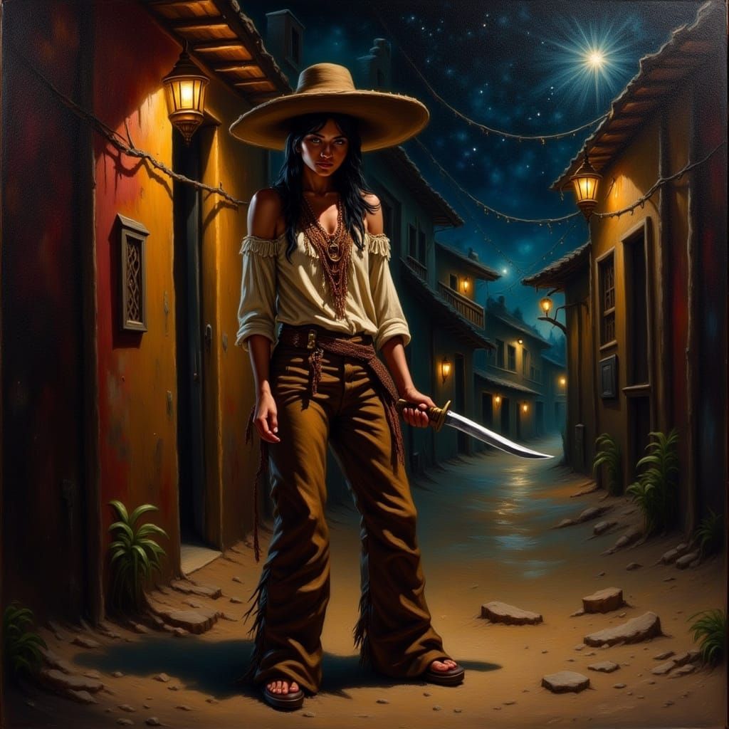 Impressionistic Native American Woman in Shadows, Holding Bo...