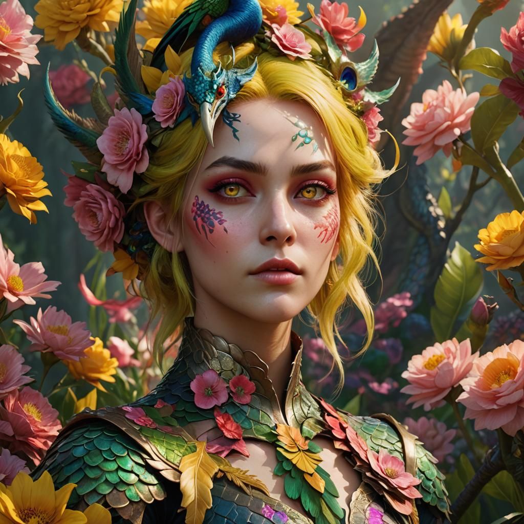 Dragon-Peacock Woman with Iridescent Plumage: 3D Render