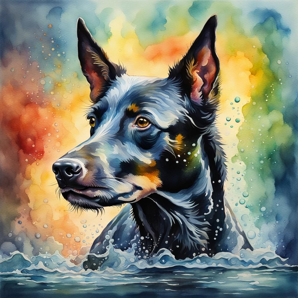 Hyperrealistic Watercolour Kelpie Splash Art